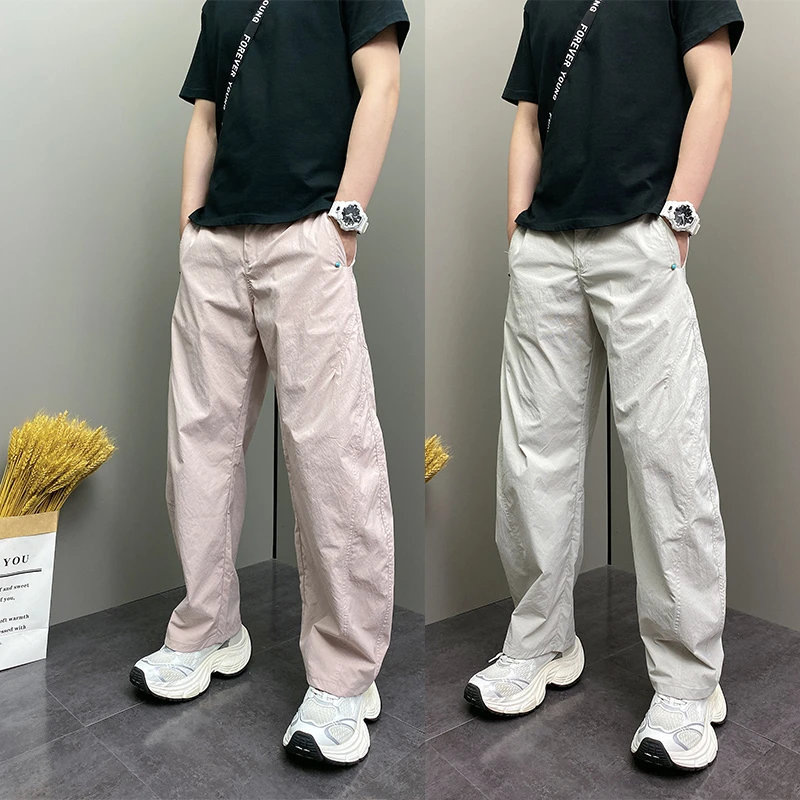 2025年夏季薄款潮流韩版个性设计感百搭粉色休闲直筒男士阔腿长裤