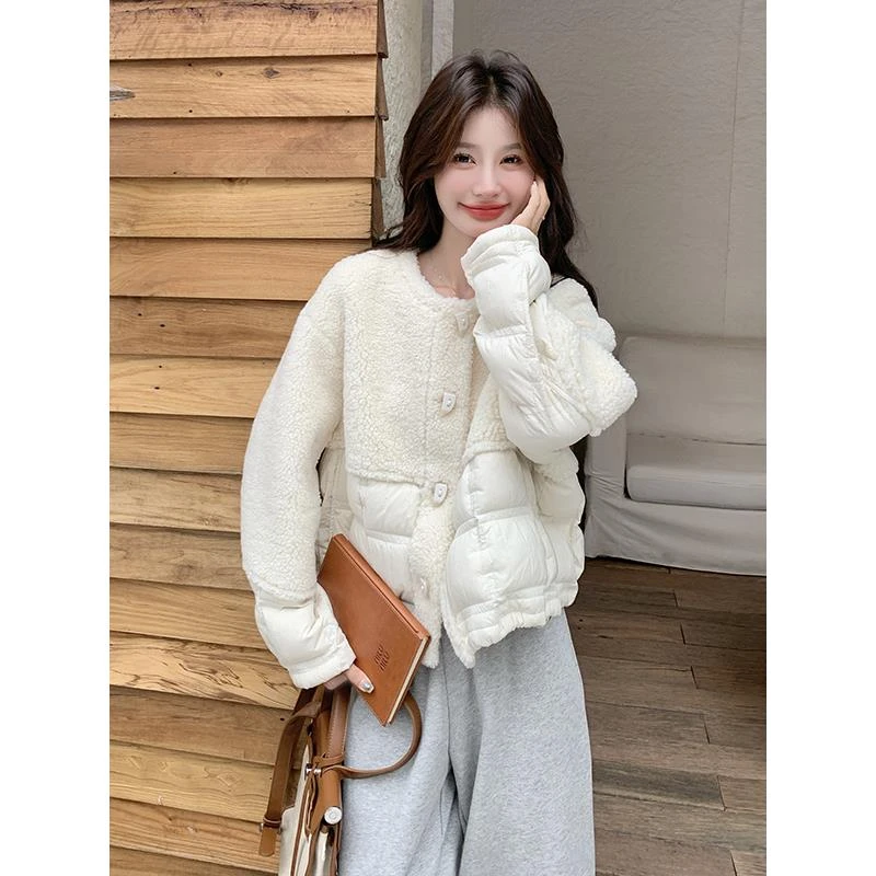 DUCURNO米白色拼接羽绒服女冬季2026年新款韩系加厚保暖短款外套