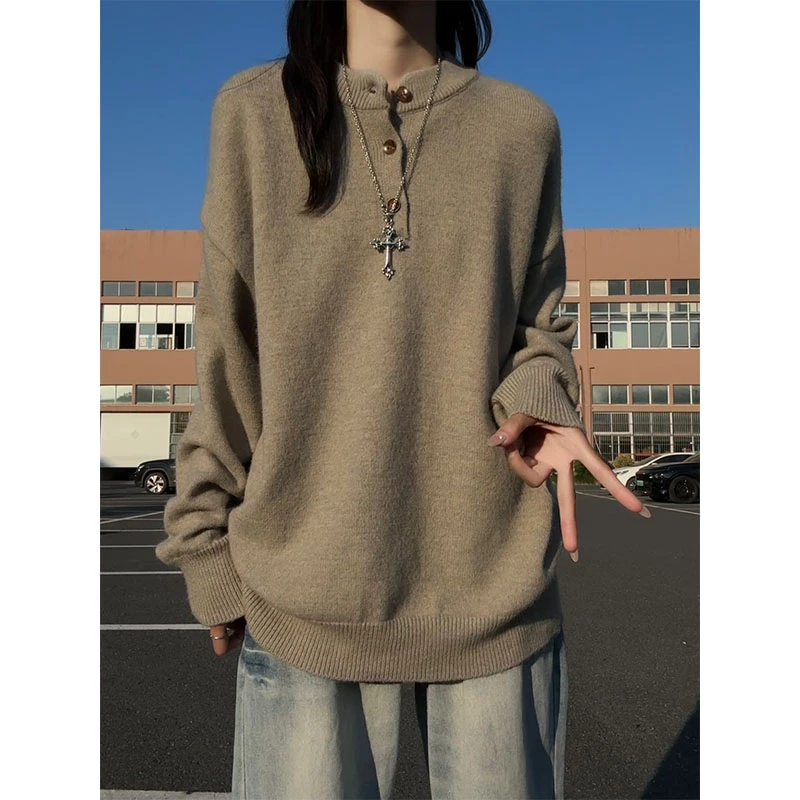 花灰色复古亨利领毛衣男冬季高级感美式慵懒风cleanfit内搭针织衫