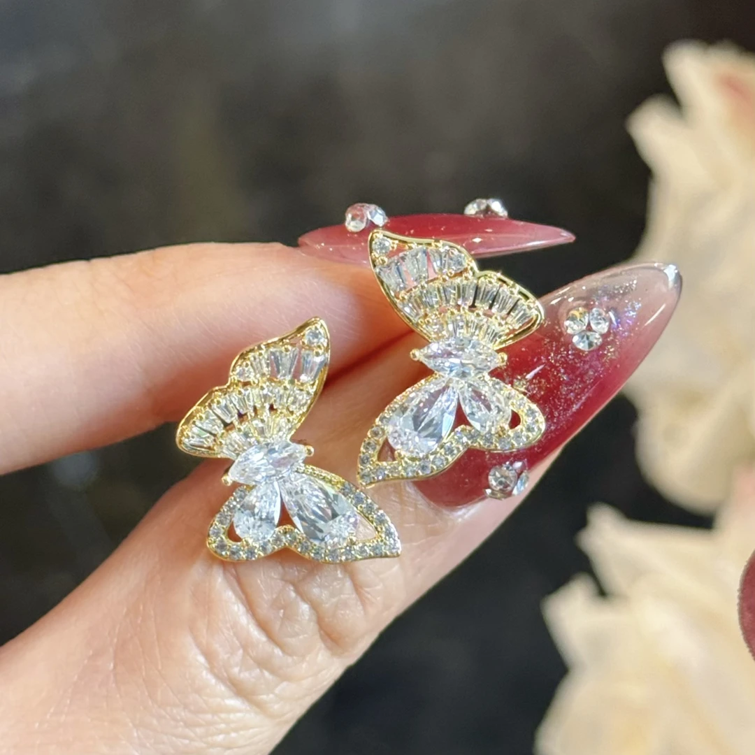 合金合成锆石耳饰 杨杨babytime 法式温婉满钻蝴蝶结耳钉小众简约