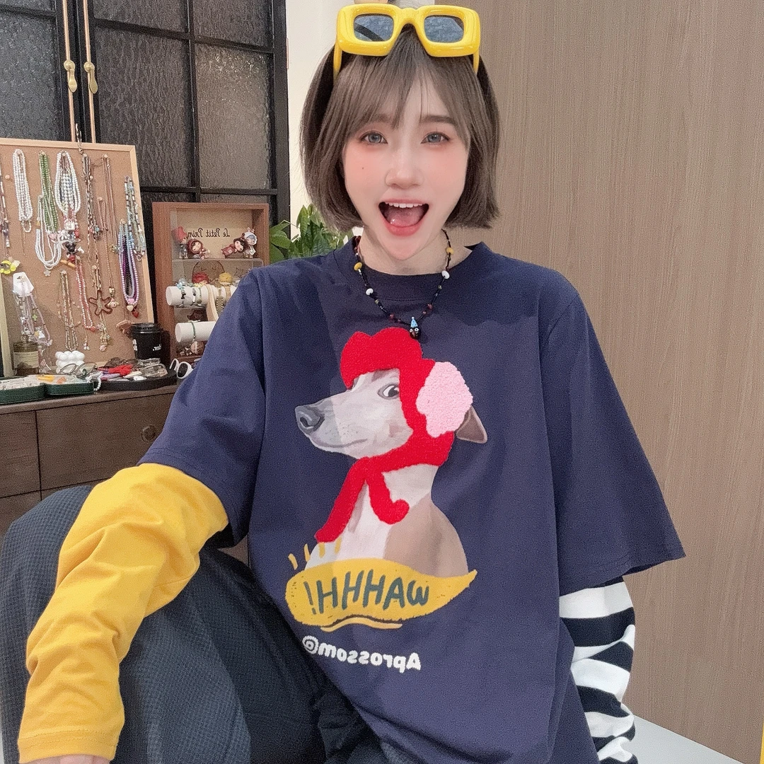 Apr.【富贵儿】数码印时尚假两件撞色百搭长袖早秋新款T恤25ST495