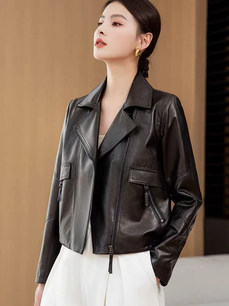 春秋皮衣女秋装新款西装领休闲短款皮夹克女士外5813