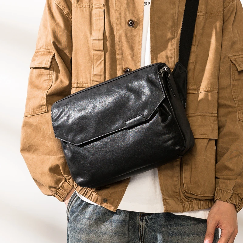 后步原创男士真皮通勤潮牌背包休闲百搭植糅皮男包单肩斜挎邮差包