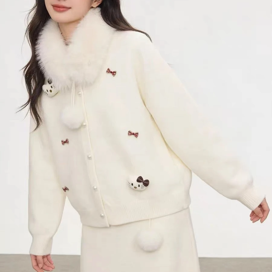 法式高级感大毛领蝴蝶结小猫挂饰开衫毛衣上衣
