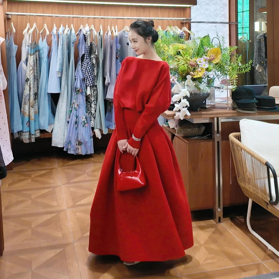 高级感时尚气质套装女2025秋季新款洋气显白一字领上衣半裙两件套