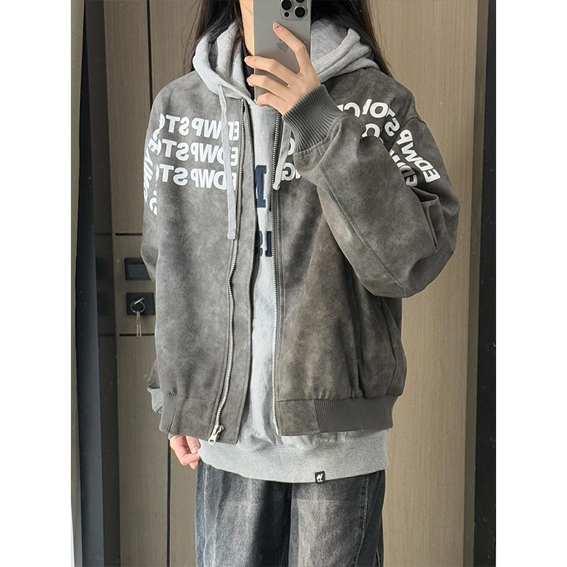 Endweep标语印花夹克外套男秋冬加厚短款棉服美式高街情侣棒球服