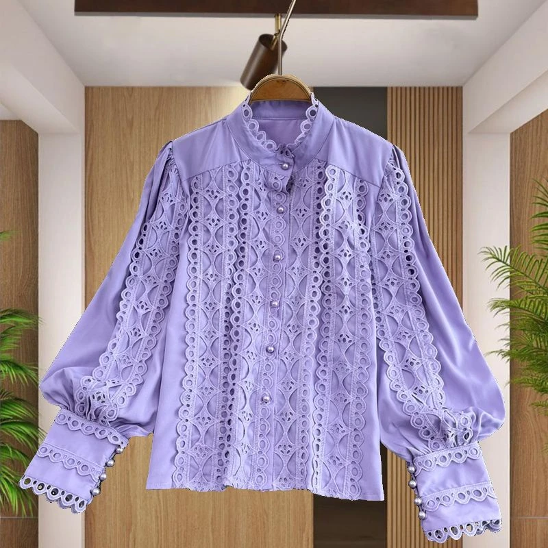法式重工立领镂空刺绣蕾丝衬衫女秋冬小个子设计感气质新中式上衣