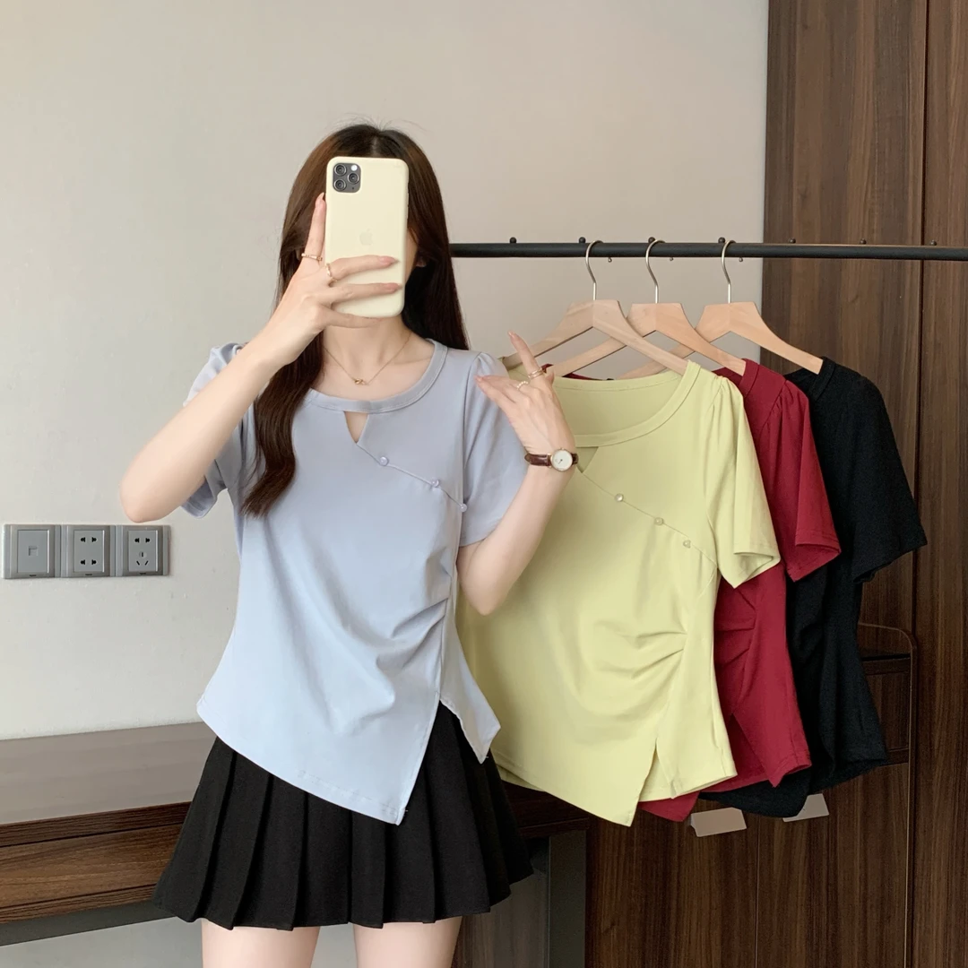 2025夏季新款胖mm大码不规则镂空短袖T恤设计感褶皱收腰圆领上衣