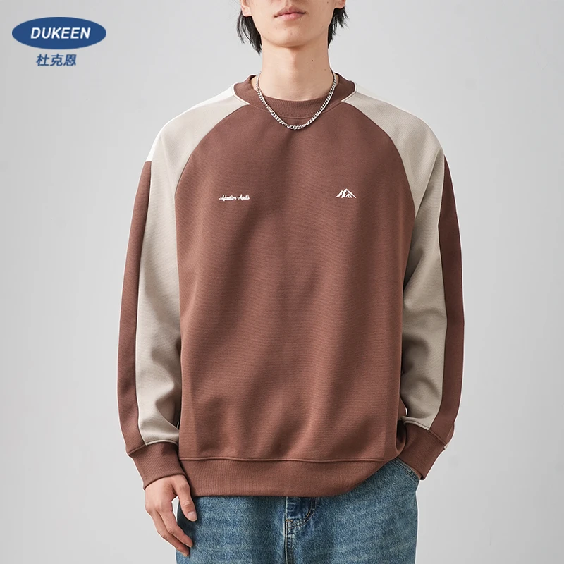 杜克恩撞色插肩袖卫衣秋季美式高街340G重磅双面布刺绣圆领打底衫