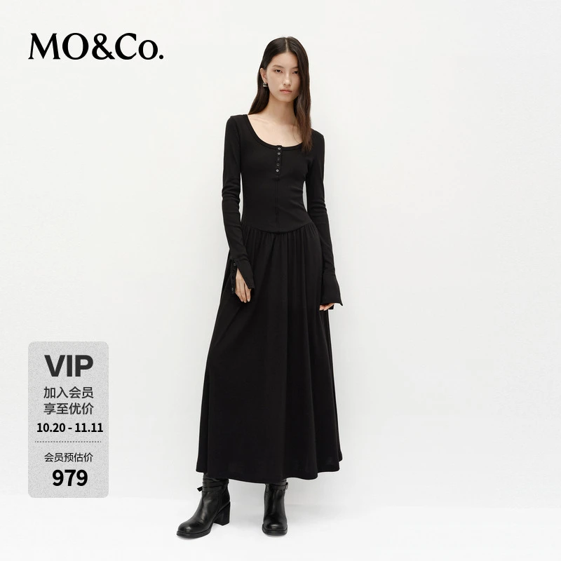 MOCO连衣裙2025春新品轻柔垂坠棉感复古中低腰收腰长裙MBE1DRS037