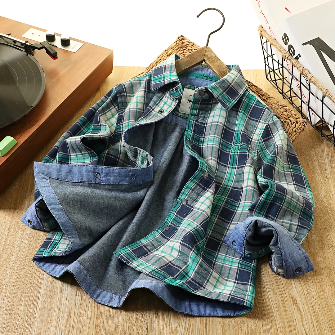 OKKOAI男童格子长袖衬衫超软薄款春秋上衣中大童儿童洋气翻领衬衣