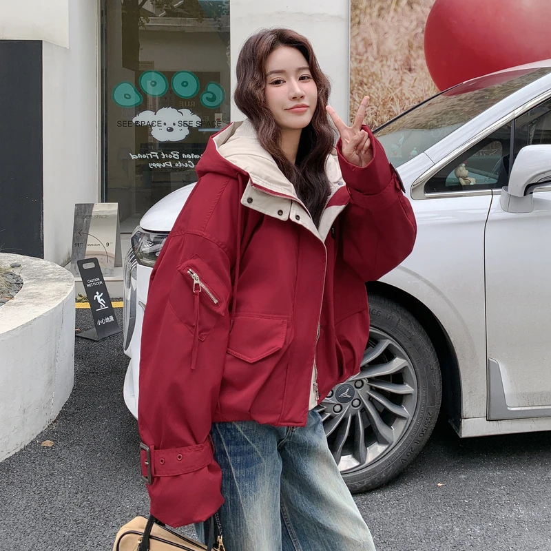 复古红色派克棉服女2025冬季巨好看的韩系chic氛围感加绒工装外套