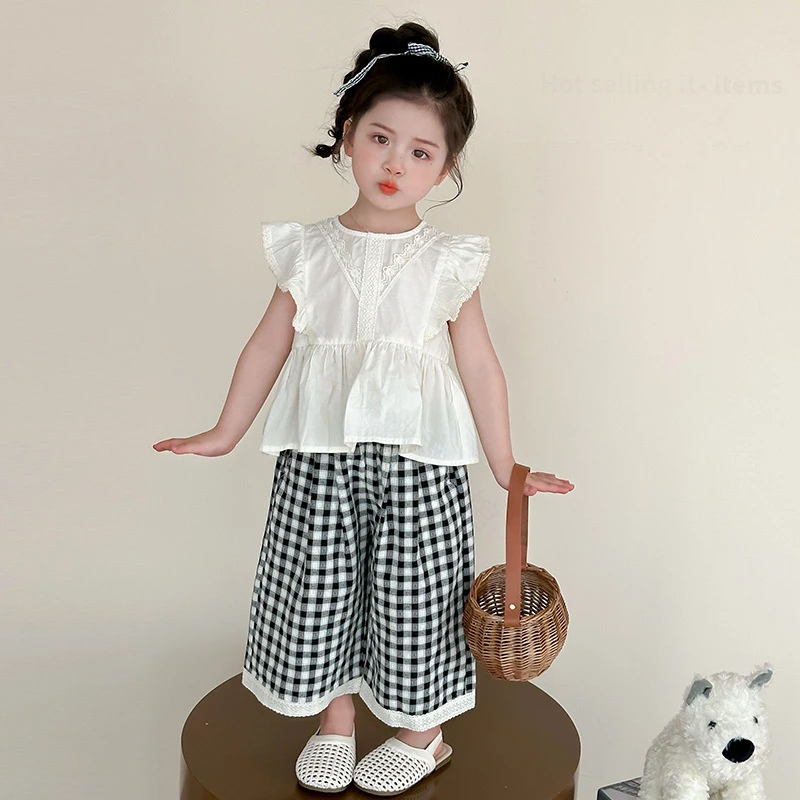 韩系女小童夏季2025新款娃娃衫儿童飞袖上衣五岁儿童秋季套装