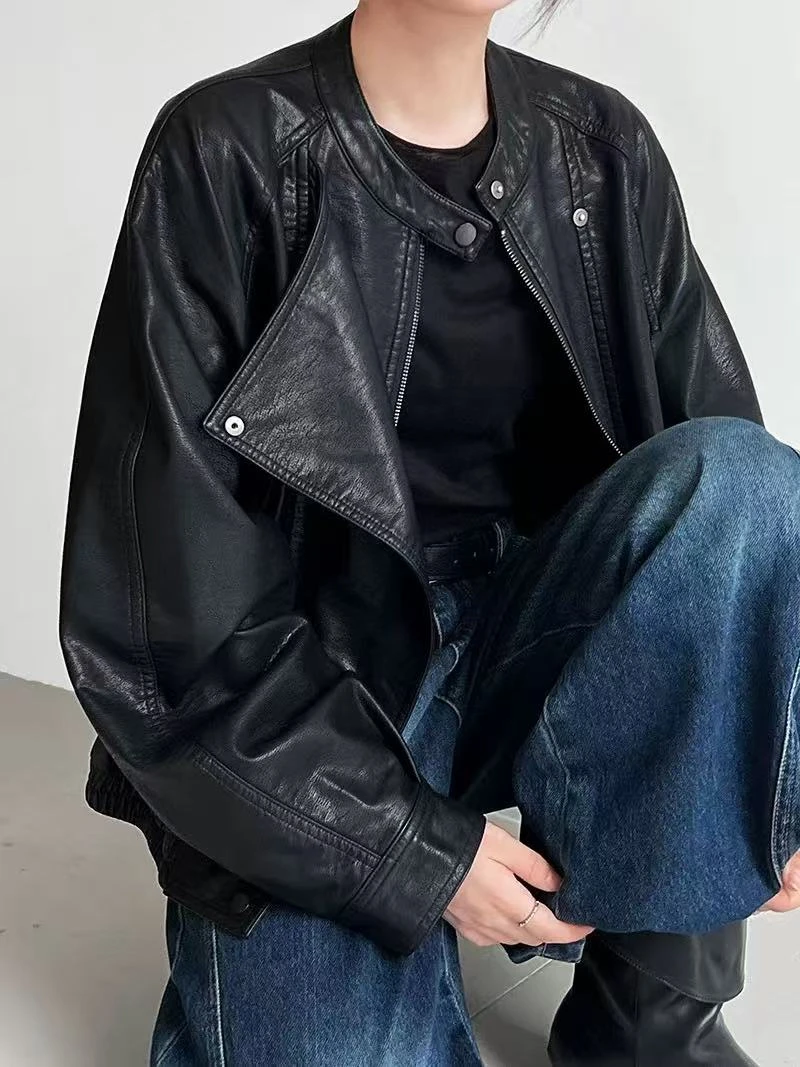 21102#秋季美式复古宽松短款咖色外套女高级感PU皮夹克潮