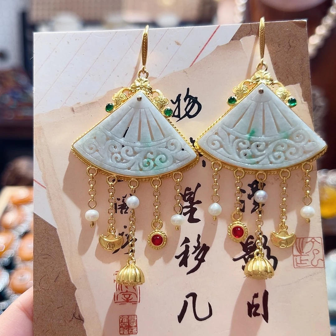 翡翠银S925镶嵌耳饰国风