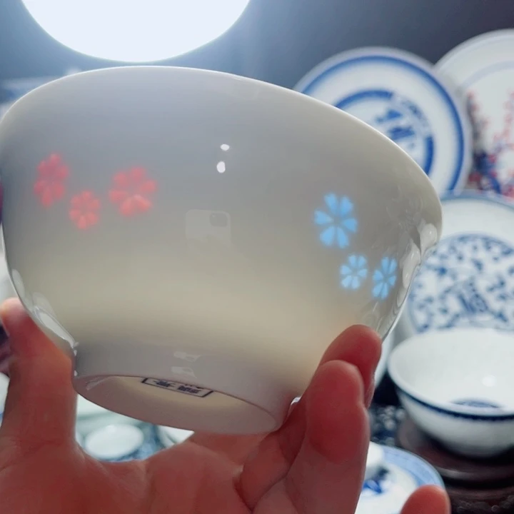 青花玲珑5次饭碗三星花彩玲珑