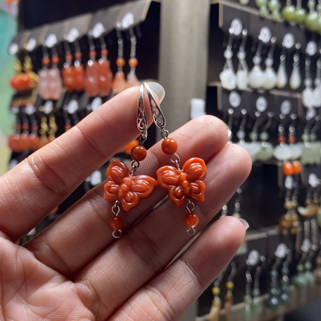 南红玛瑙耳饰银S925镶嵌琳*