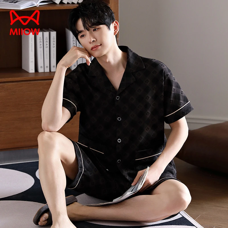 猫人经典夏季睡衣男士纯棉翻领开衫短袖短裤休闲简约大码薄款套装