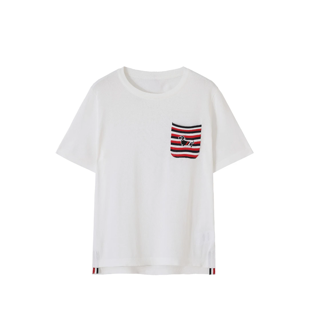 2025夏季新款条纹针织衫T恤口袋圆领短袖上衣-8463