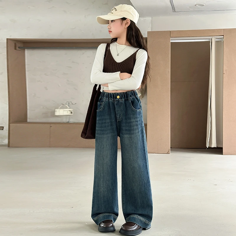 女童牛仔裤爆款2025秋季潮款长裤6-15岁翻脚口直筒裤牛仔裤25836