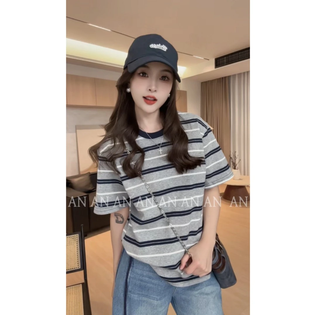 C02069时尚休闲宽松ins风减龄爱心条纹短袖T恤