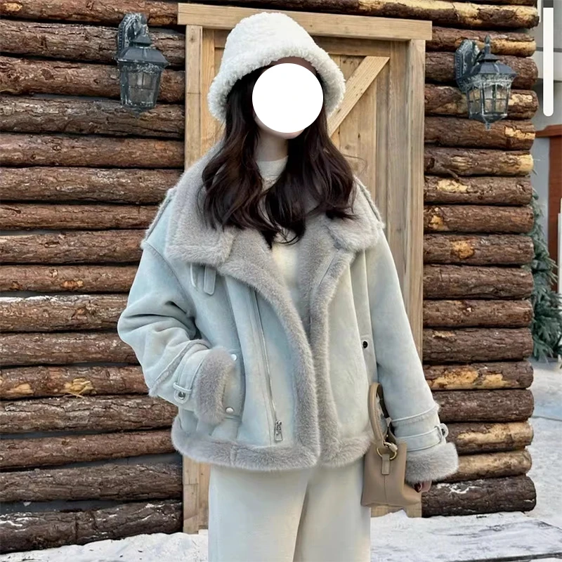 大码皮毛一体显瘦洋气外套女2025秋冬季韩系新款加绒保暖机车服女