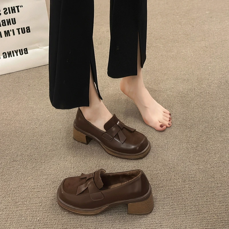 2025新款防滑浅口方头乐福鞋薄款粗跟单鞋圆头春秋玛丽珍鞋