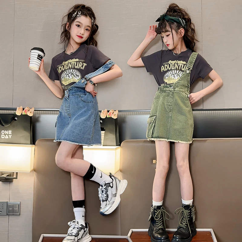 女童牛仔背带裙夏季薄款2025新款洋气儿童连衣裙中大童套装两件套