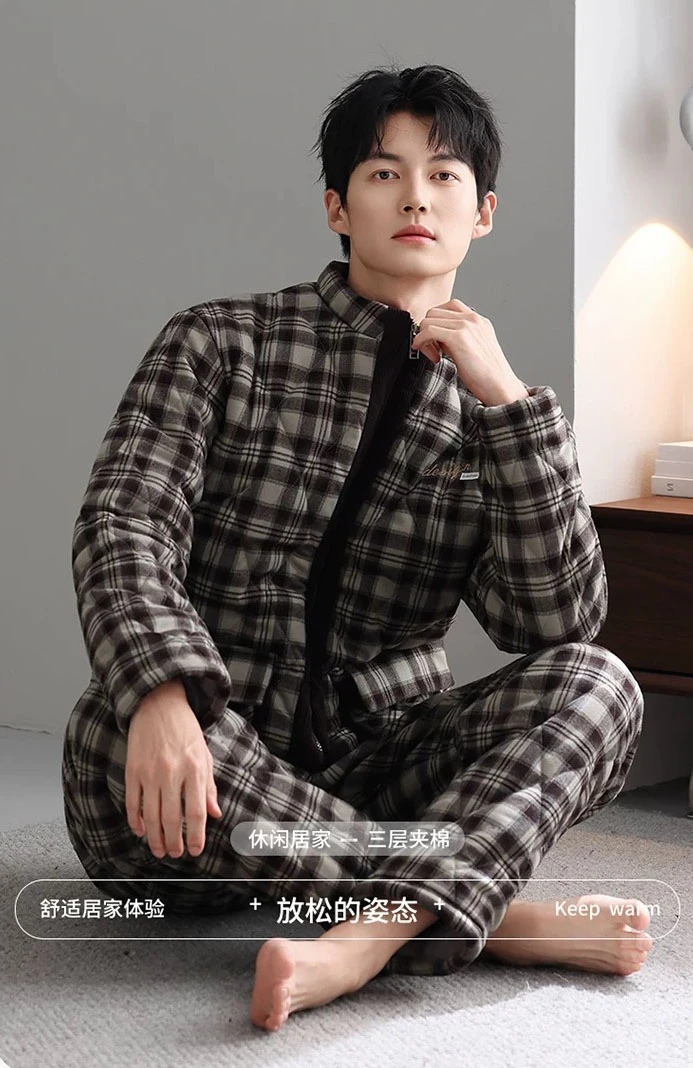 高档珊瑚绒睡衣男士冬季加绒加厚三层夹棉袄法兰绒特厚纯棉家居服