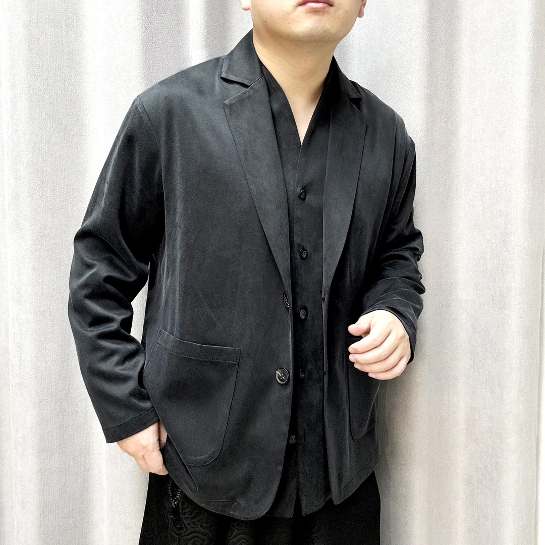 23701乔其缎桑蚕丝西服外套春秋新款男士秋季商务简约春季黑色