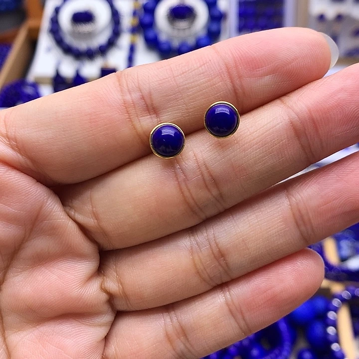 青金石银S925镀金镶嵌耳钉