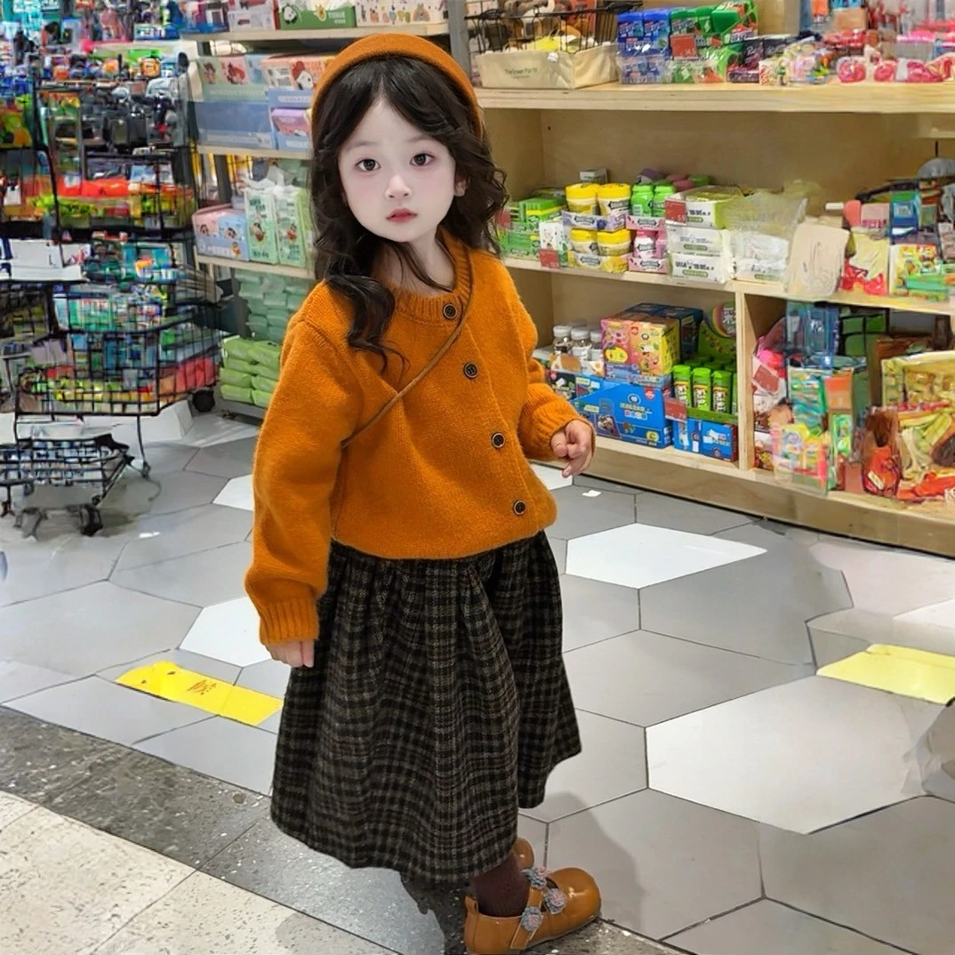 巨显白！女童韩系穿搭秋季开衫毛衣外套格子阔腿裤洋气小女孩套装