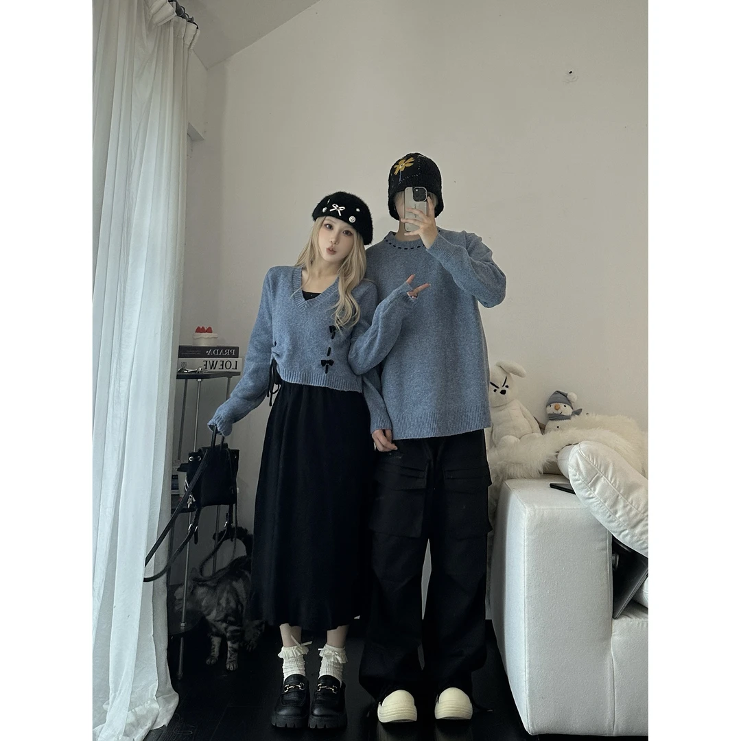 情侣装女装法式黑色连衣裙女秋冬季显瘦长裙两件套装男针织上衣