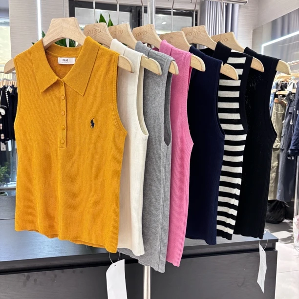 韩系气质polo翻领无袖针织背心单排扣外穿开衫上衣夏季