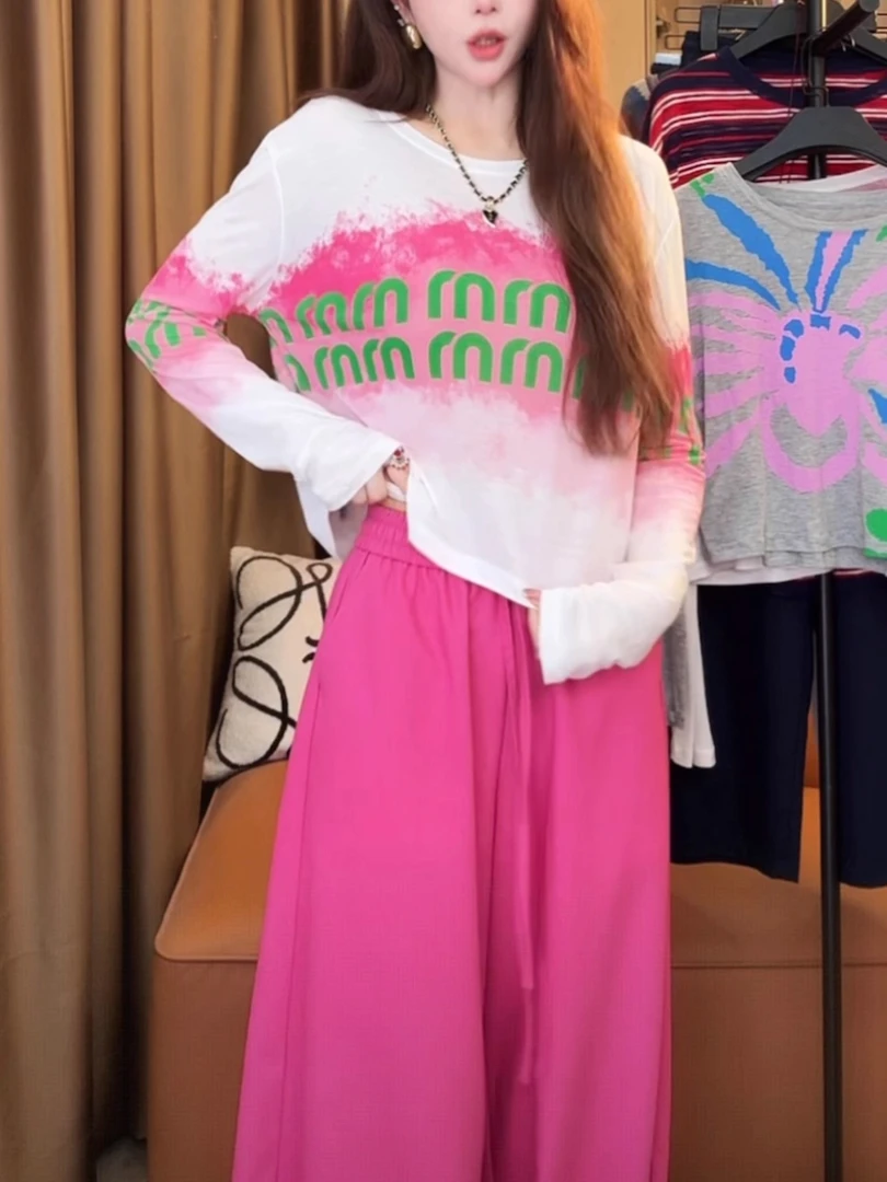 设计感撞色字母长袖t恤女2025早秋新款时尚气质宽松显瘦减龄上衣