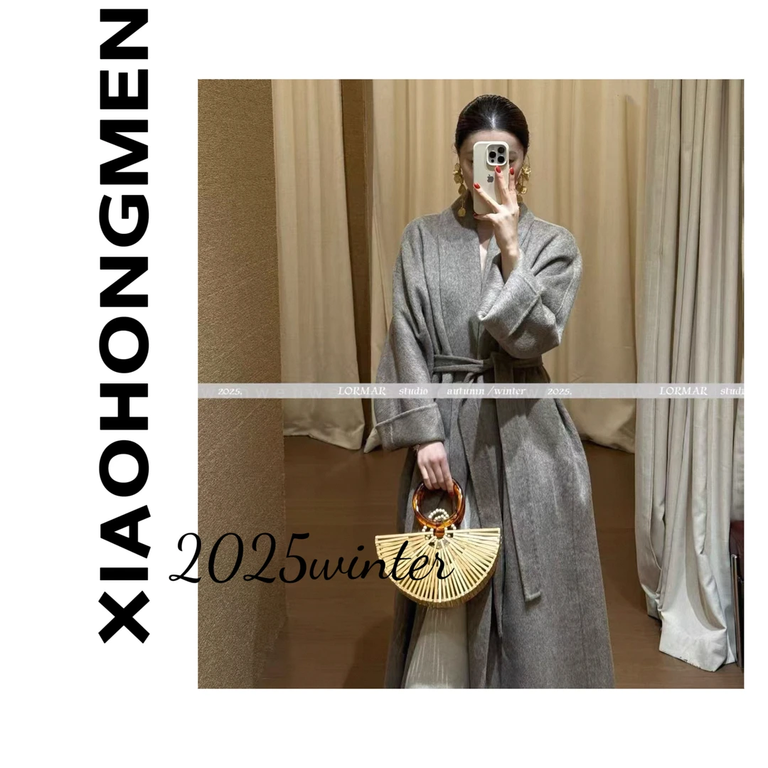 B057 2025冬季新款气质青果领收腰显瘦长款羊毛大衣