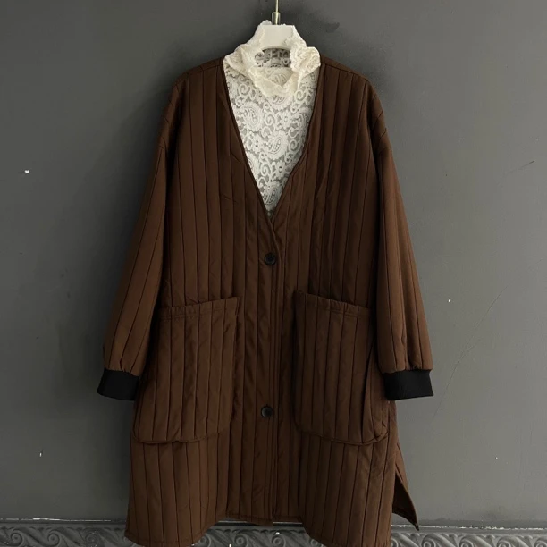 宽松韩版翻领菱格单排扣长款冬季休闲棉衣