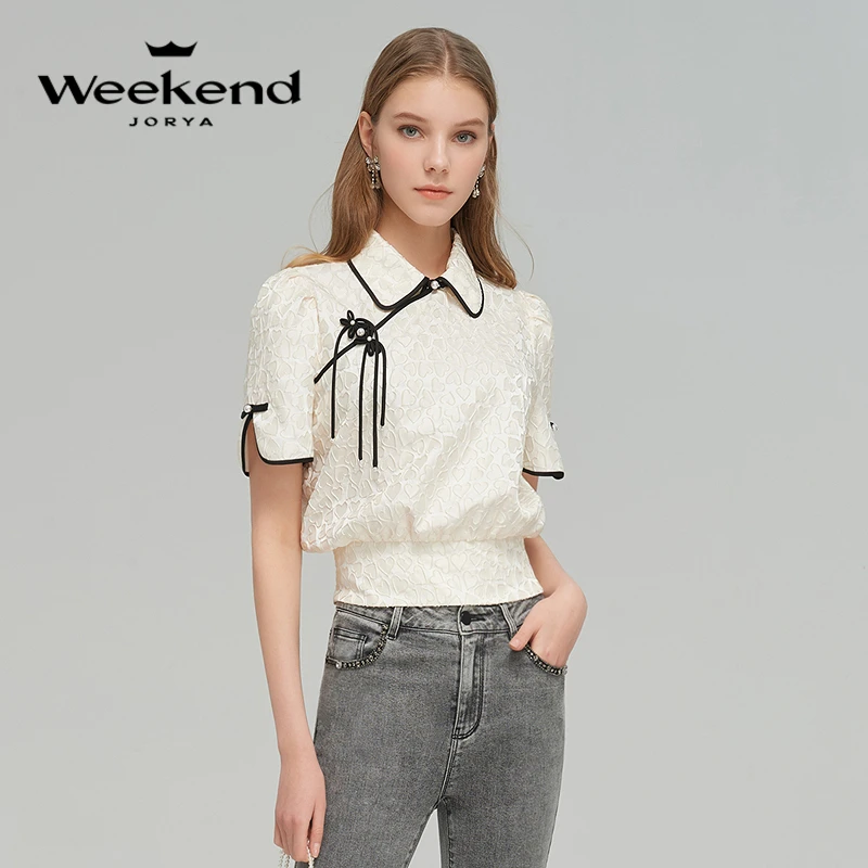 卓雅周末新中式珠饰盘扣爱心提花女衬衫EJWDAW18