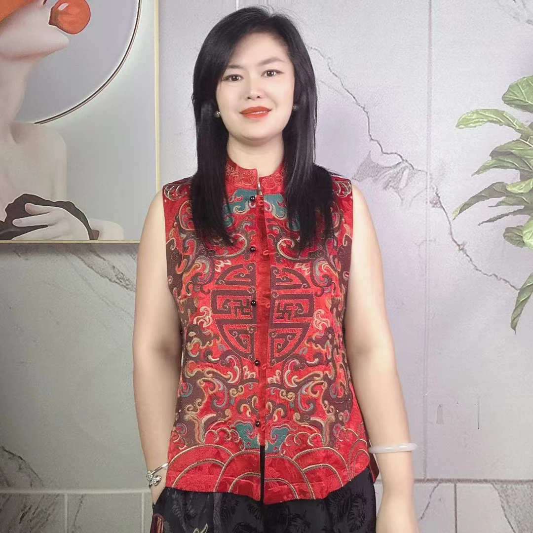 传统中国风人丝刺绣民族风【双喜来财】复古立领绣花百搭女士马甲