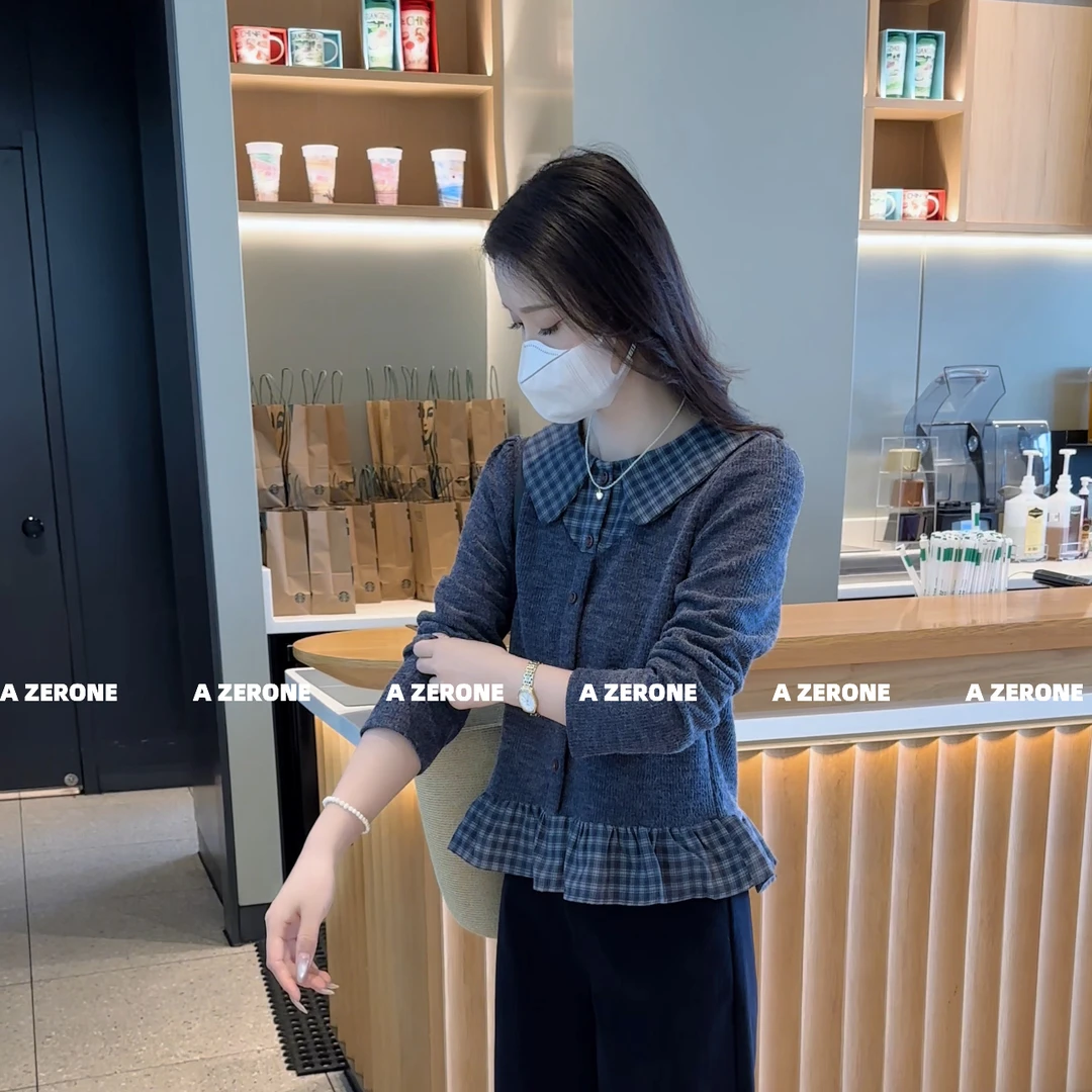 BK 韩系娃娃领2025秋季新款格子拼接外穿上衣