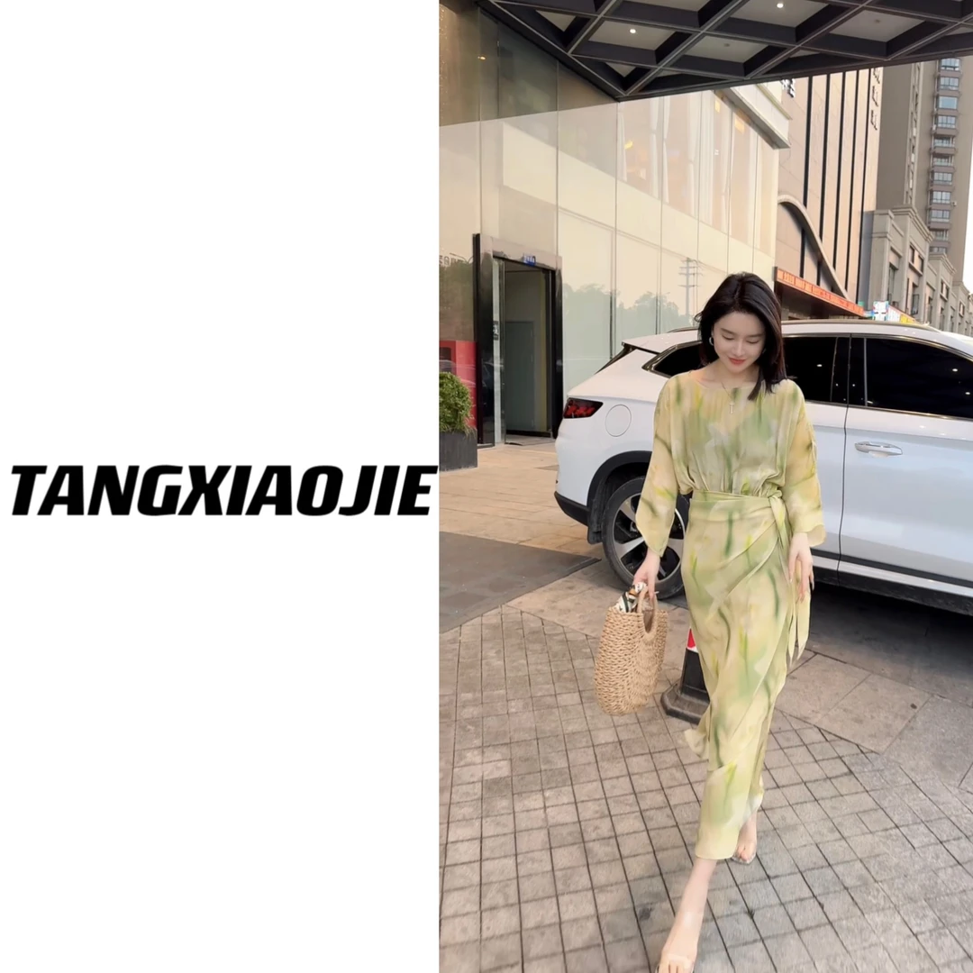 【汤小姐高定】#10492"幻彩绮梦" 02双绉真丝收腰连衣裙