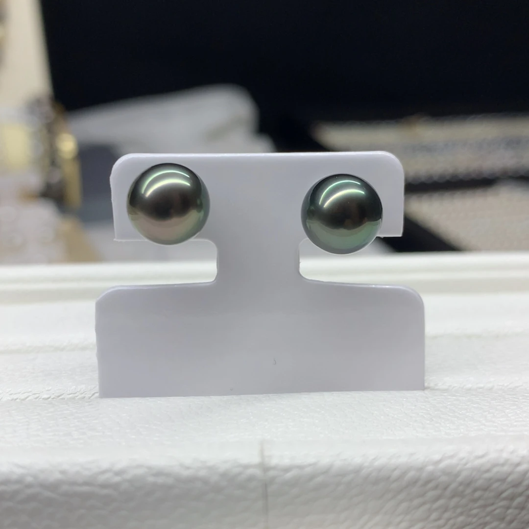 海水珍珠耳饰18K金镶嵌8.9mm黑珍珠耳钉