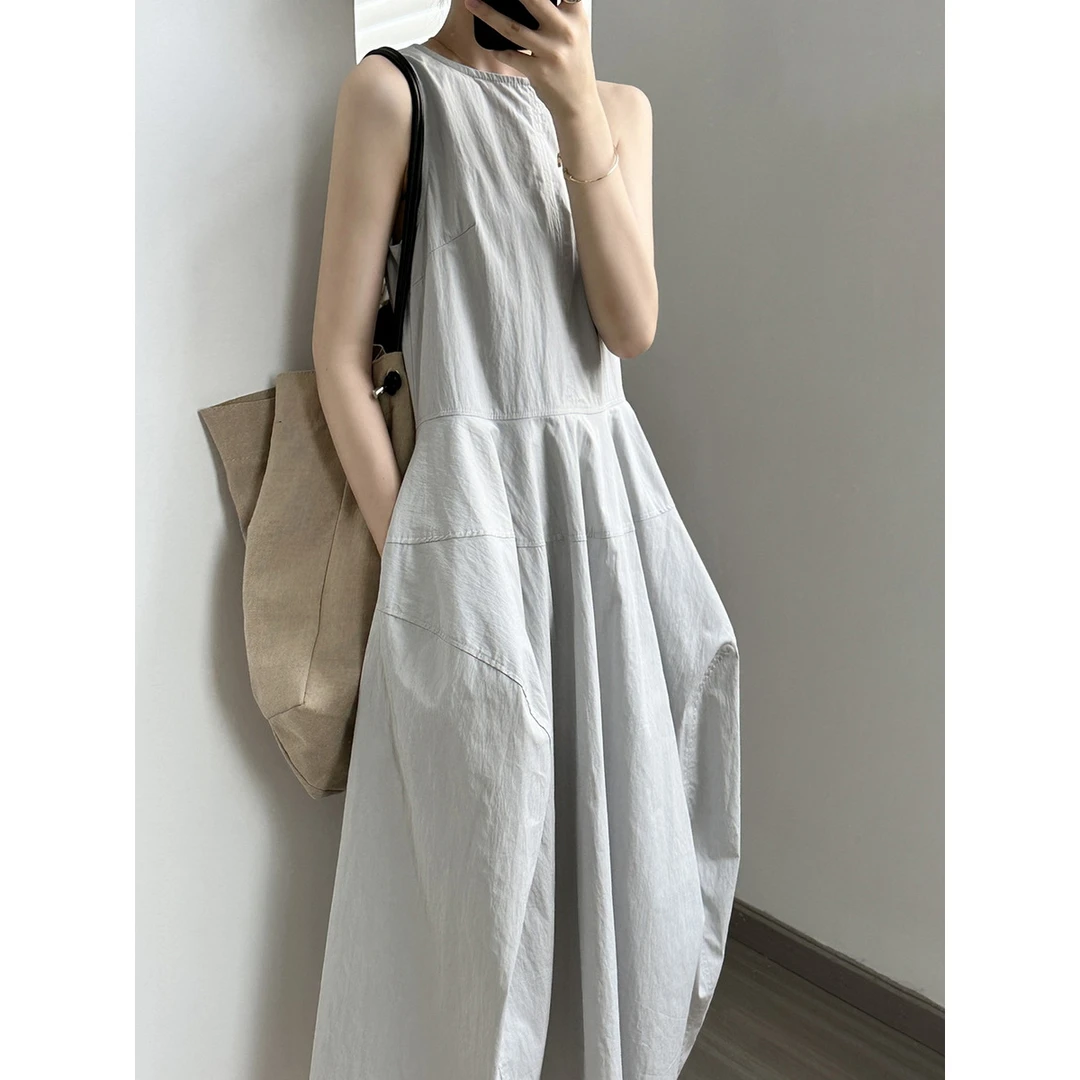 端庄优雅大气！砍袖挖肩花苞大摆背心连衣裙女夏季冷淡风时尚裙子