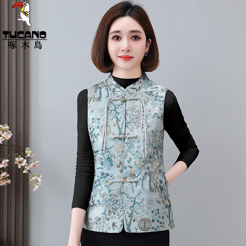 啄木鸟新中式刺绣马夹坎肩上衣女春秋2025新款时尚民族风马甲外套