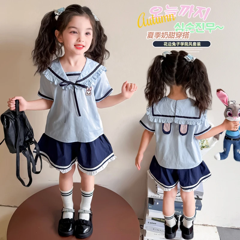 女童夏季学院风套装2025新款儿童洋气卡通两件套女孩韩版衬衫夏装