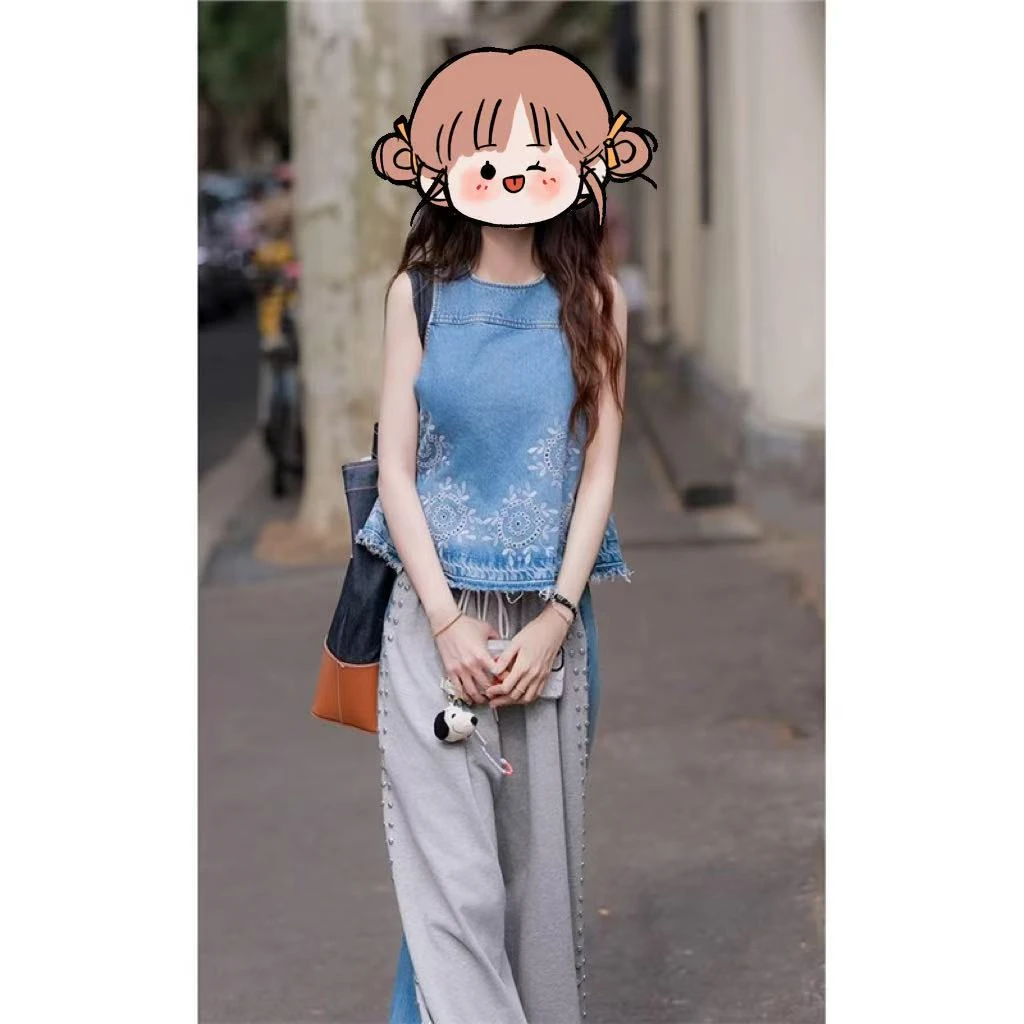 2025超火夏装一整套韩系穿搭洋气减龄蓝色牛仔上衣拼接阔腿裤套装