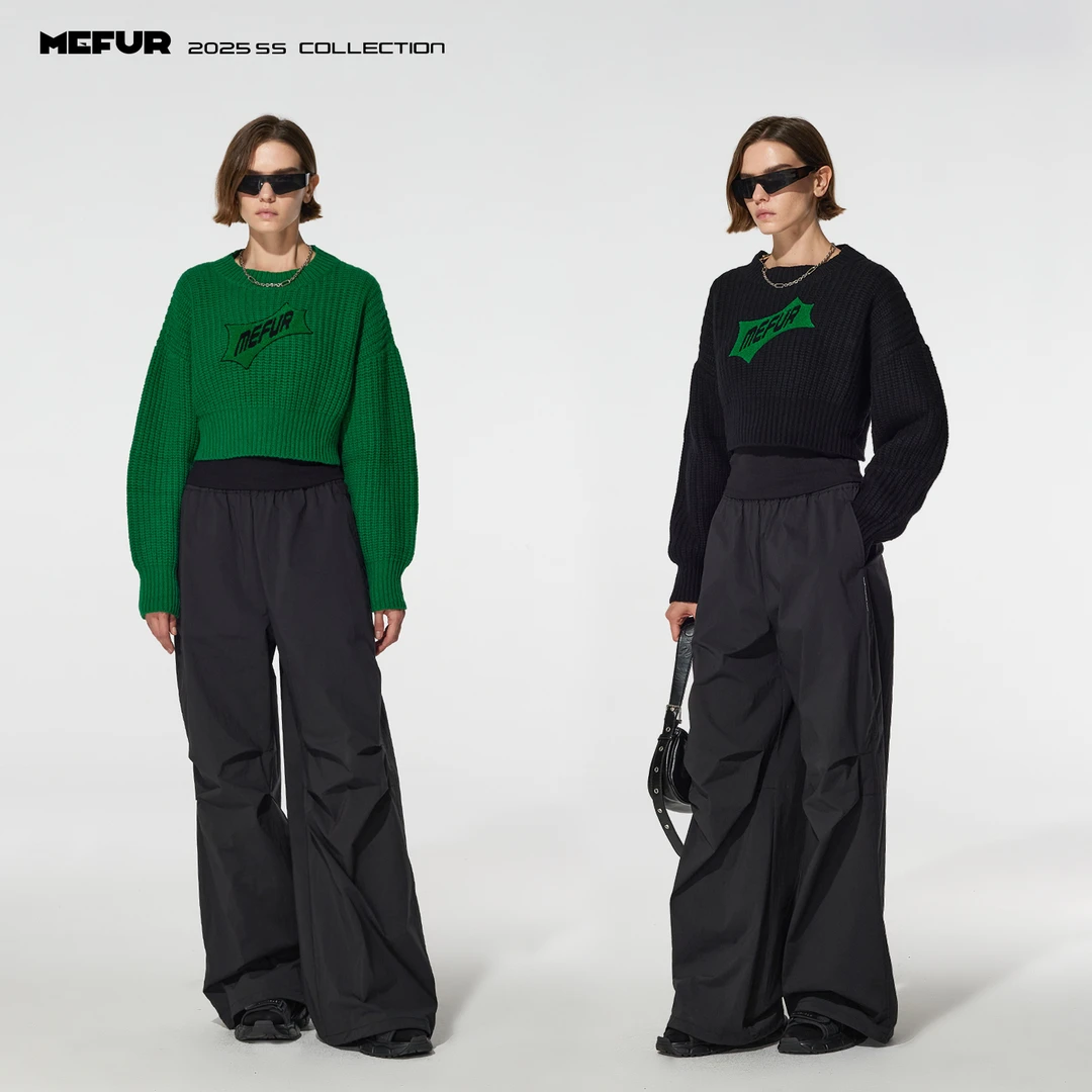 MEFUR 字母圆领针织短款上衣女绿色羊毛套头2025春季新款针织毛衣