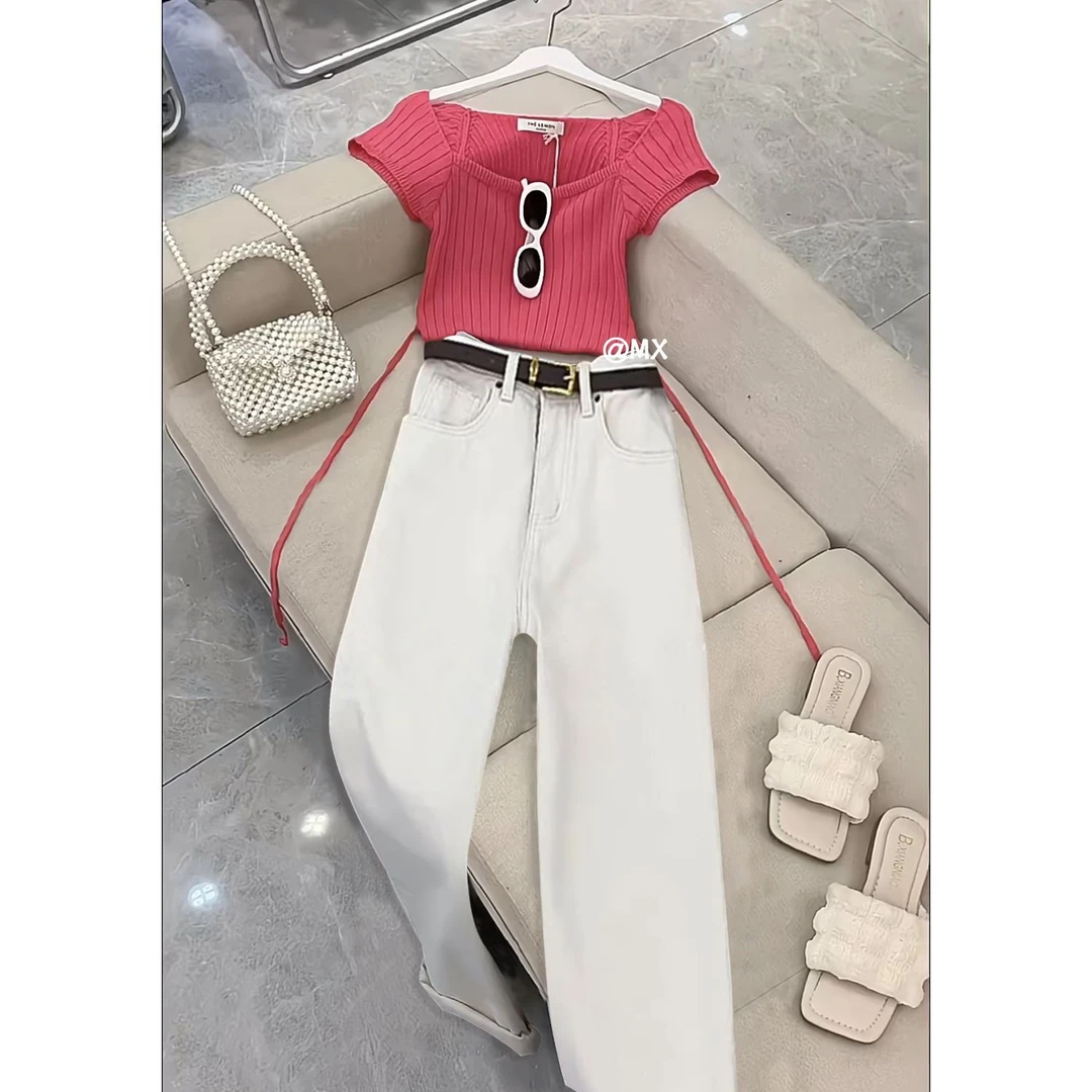 夏季温柔系穿搭女2025新款韩版洋气针织短袖百搭牛仔阔腿裤两件套