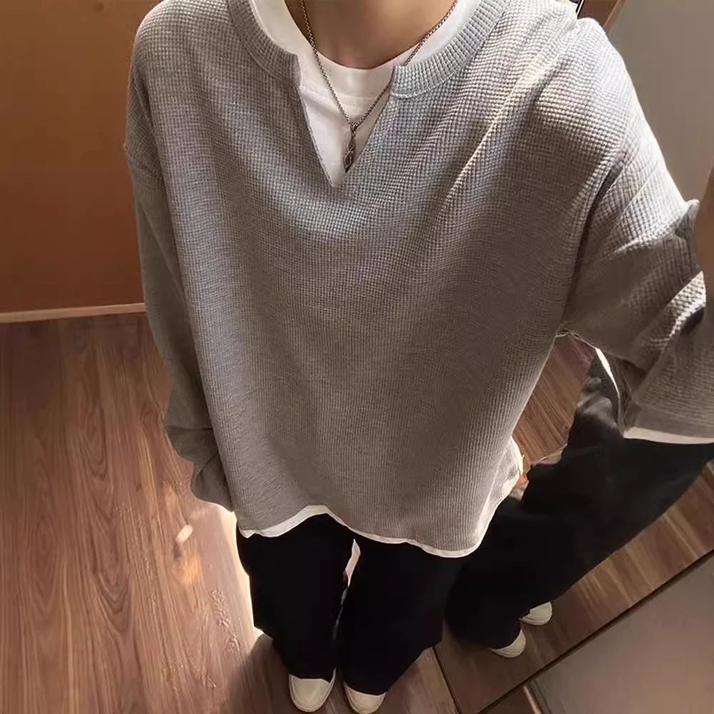 复古拼接V领宽松长袖T恤男四季港风纯色重磅青少年日常穿搭Vintag