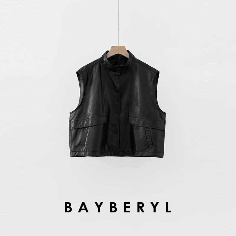 BAYBERYL老贝極致摩登*立领廓形复古无袖25春皮马甲PY5A0602-2/6